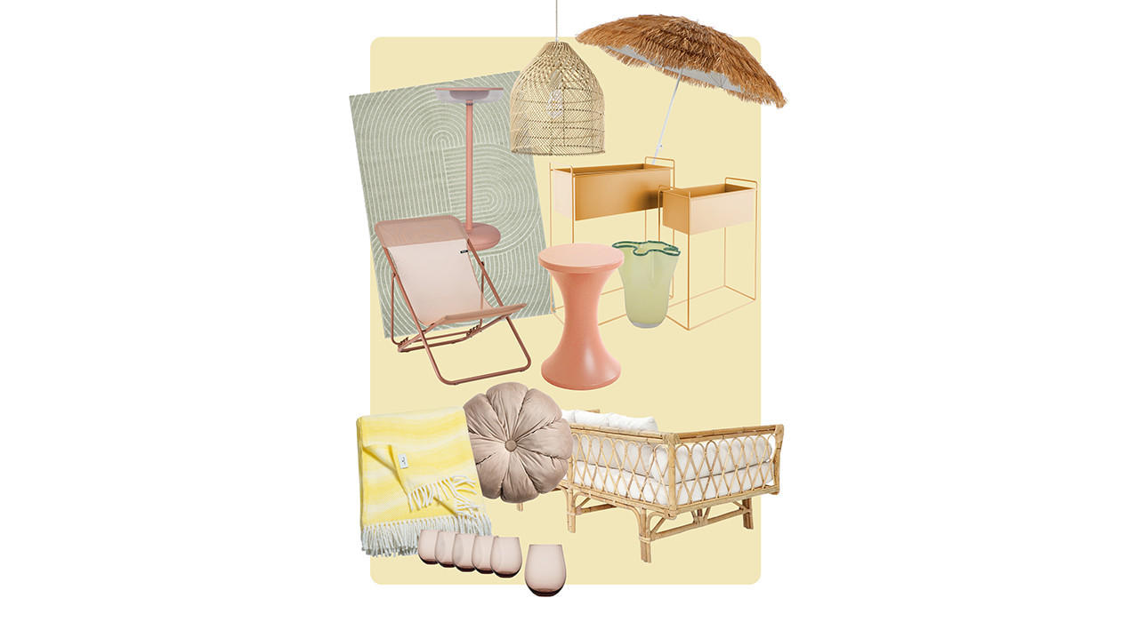 Eine Collage aus Möbeln und Accessoires in Gelb und Pink, die einen lebhaften und modernen Einrichtungsstil zeigt.