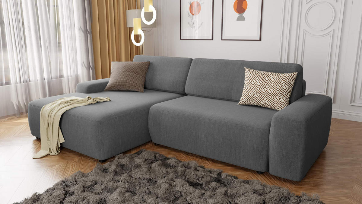 ECKSOFA Lopez Grau Samt-Stoff - Schwarz/Grau, Holz/Kunststoff (264/162cm) - S-Style Möbel