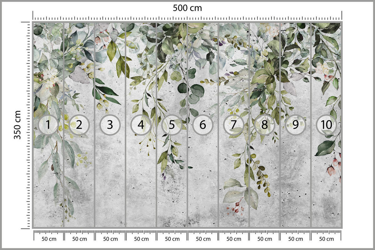 FOTOTAPETE Blätter auf Beton Abstraktion Vintage 500x350 - Grau/Grün, Papier (500/350cm) - Muralo