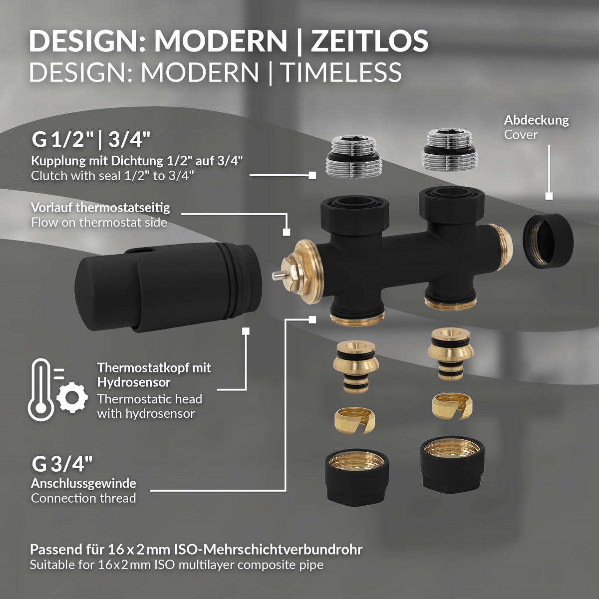 ANSCHLUSSGARNITUR Badheizkörper Schwarz - Schwarz, Metall - LuxeBath