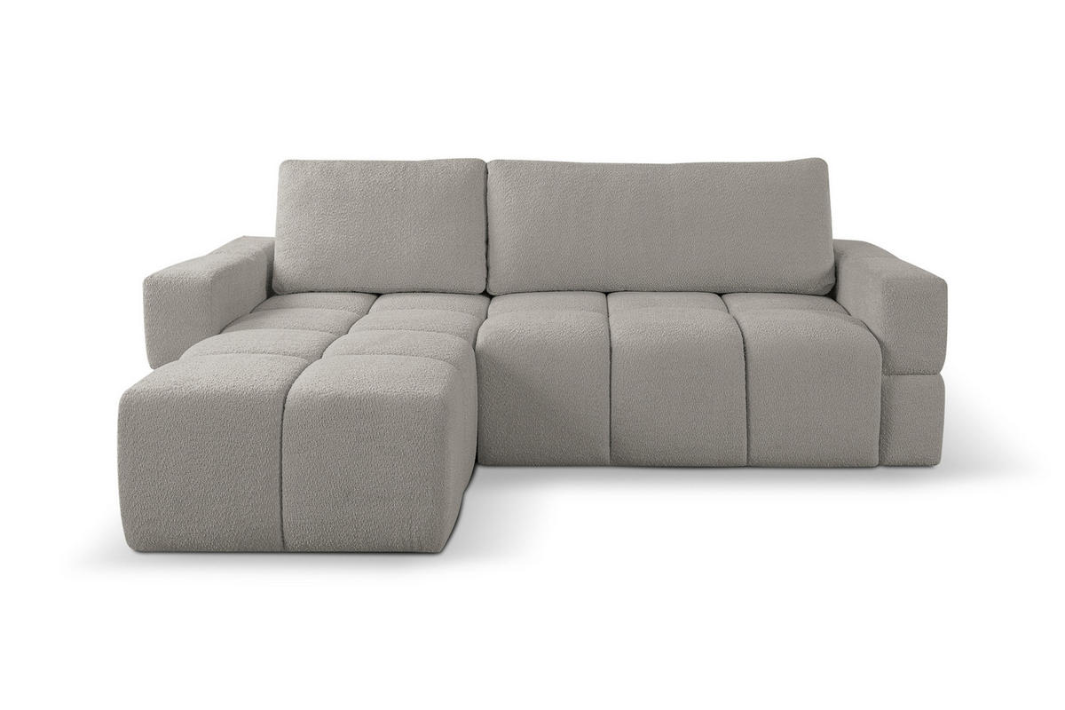 ECKSOFA LUSSO mit Schlaffunktion und Bettkasten, Farbe: Grau, Bouclé-Stoff, Ottomane Universal - Grau, Textil (255/165cm)