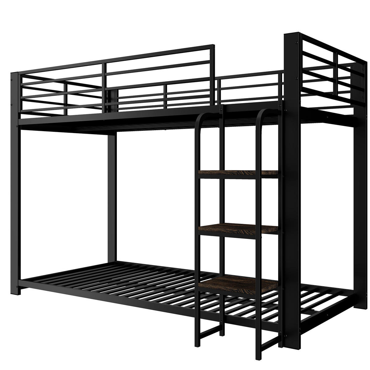 ETAGENBETT aus Metall und MDF 90x200 cm Schwarz mit breiten Holzstufen und Schutzgitter - Schwarz, Holzwerkstoff (90/200cm) - IVMEU
