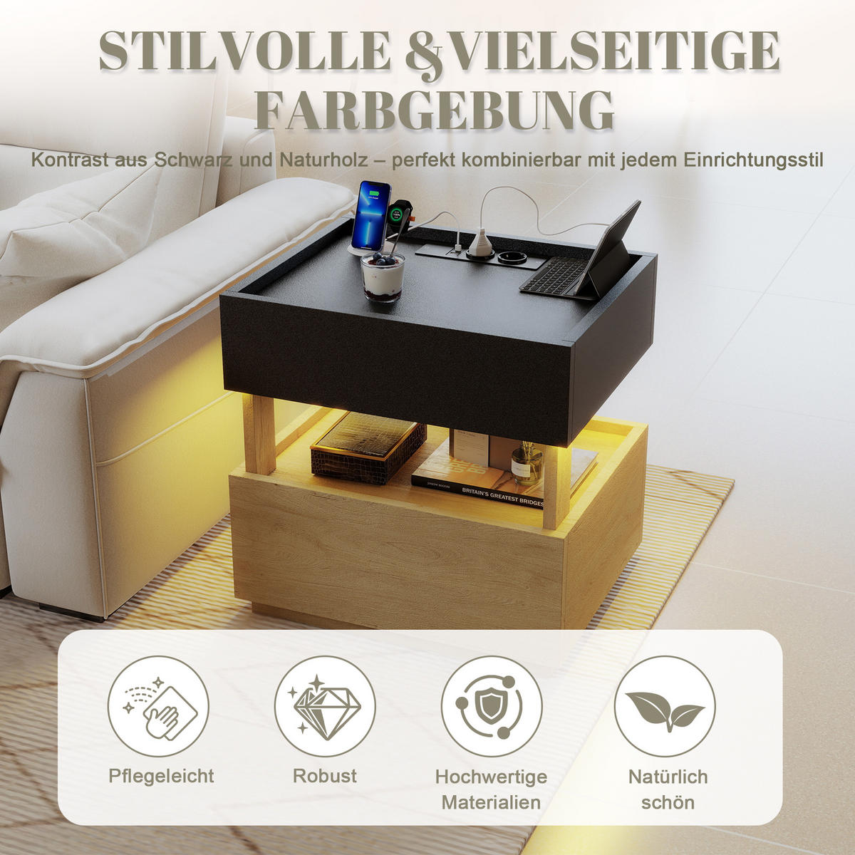 NACHTTISCH mit LED, Nachtkonsole mit Steckdose und USB, 50x40x50 cm - Schwarz, Holzwerkstoff (50/50/40cm) - LVHOM