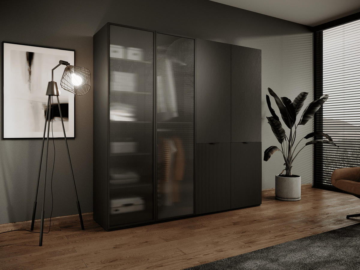 KLEIDERSCHRANK ZEN (Modular, Schwarz Matt, Schwarz & Geriffeltes Glas Flutes, 4-türig) - Schwarz, Holz/Holzwerkstoff (202/200/51cm) - Ravio