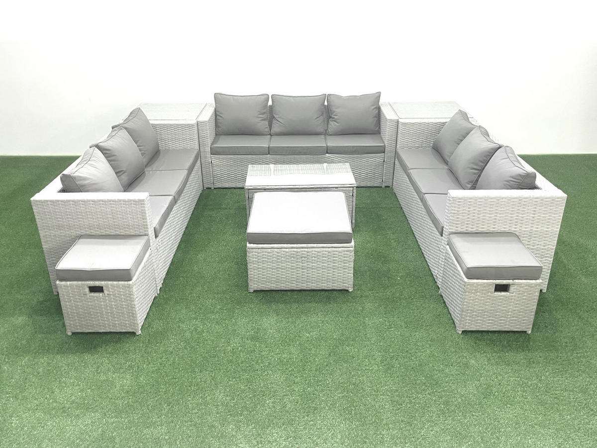 GARTENSET mit 3-SITZER SOFA,COUCHTISCH Polyrattan Hellgrau-Mix 12-Sitzer - Hellgrau/Grau, Glas/Kunststoff - Fimous