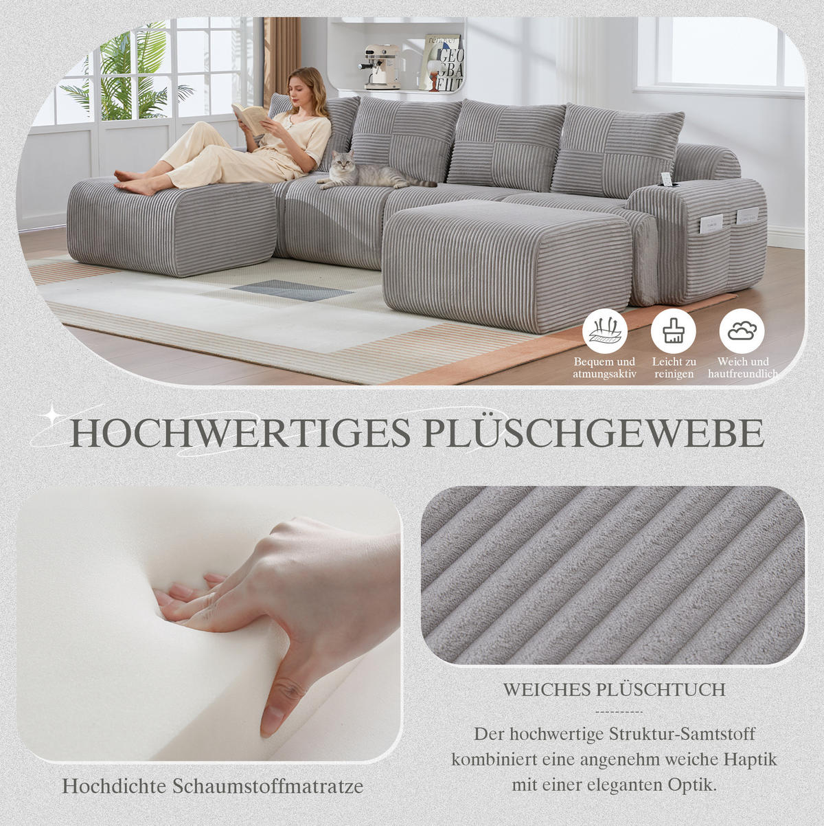 WOHNLANDSCHAFT Modulares 4-Sitzer-Sofa 333/174/80 cm hellgrau aus Cord mit 2 Hockern, Cupholder und Seitentasche - Hellgrau, Textil (174/80/333cm) - Modenvie