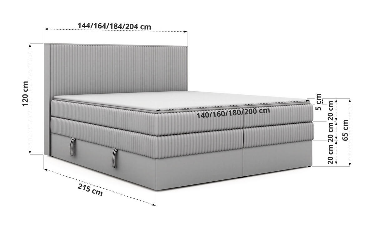 BOXSPRINGBETT TRAVIT KING 200/200 - Grau Cord - Topper Visco - H3 - Schwarz/Grau, Kunststoff/Textil (200/200cm) - MKS