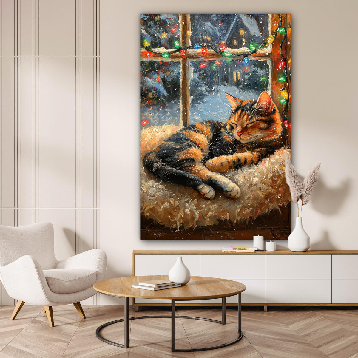 LEINWANDBILD Katze - Weihnachten - Winter - Tier Deko Groß 90x140 cm - Bernsteinfarben, Textil (90/140cm) - MuchoWow