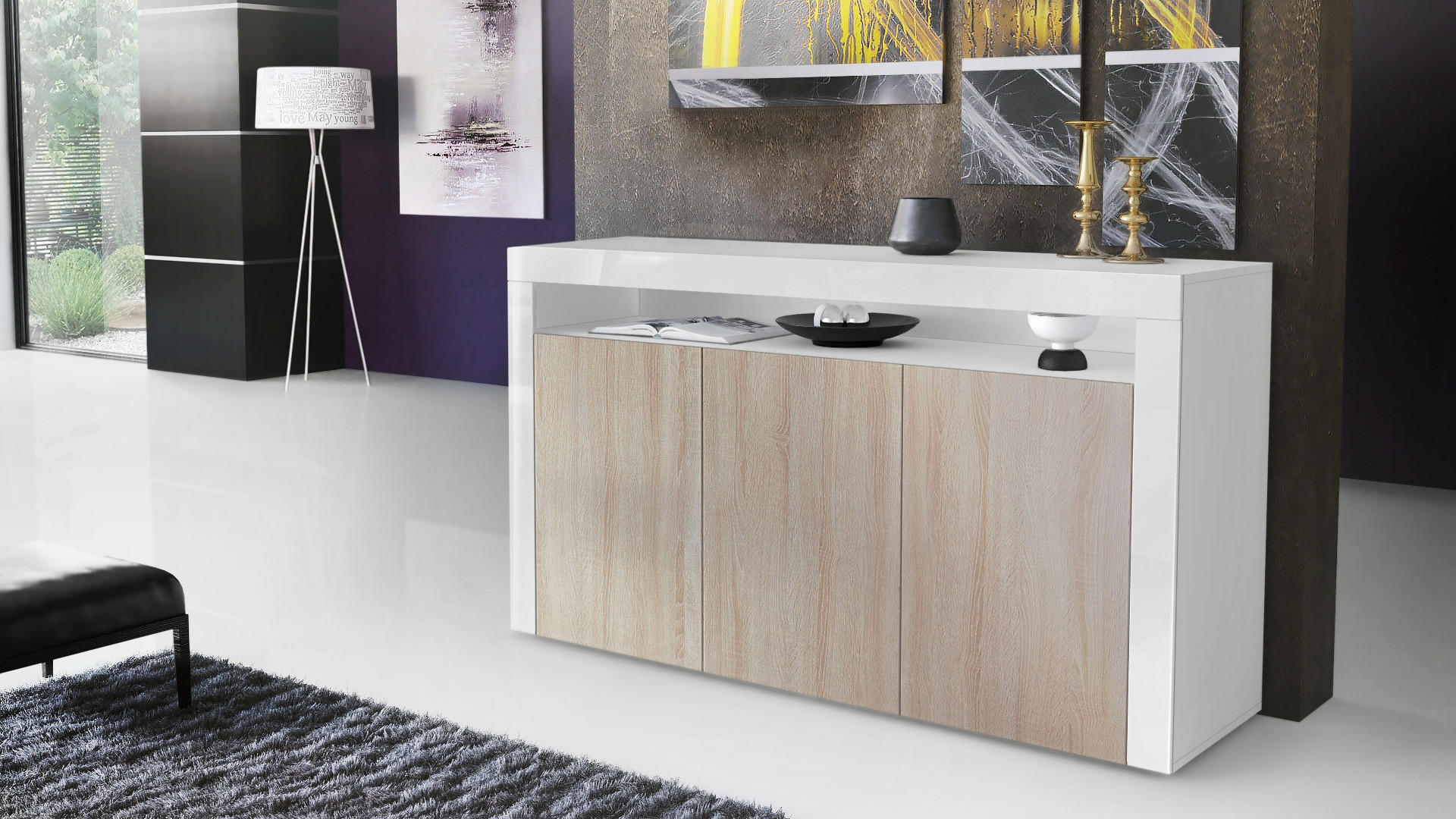 SIDEBOARD Valencia Eiche sägerau / Weiß Hochglanz - Eiche San Remo, Holzwerkstoff (155/92/40cm) - Vladon