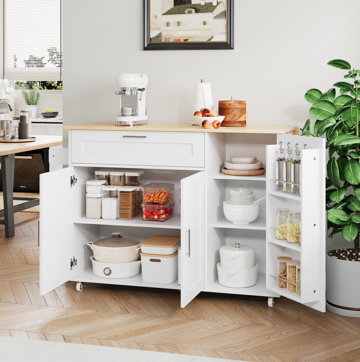 KÜCHENINSEL 132,5/44(70)/90 cm aus MDF mit klappbarer Arbeitsplatte Weiß/Naturfarben - Weiß, Holzwerkstoff (132.5/90/70cm) - Modenvie