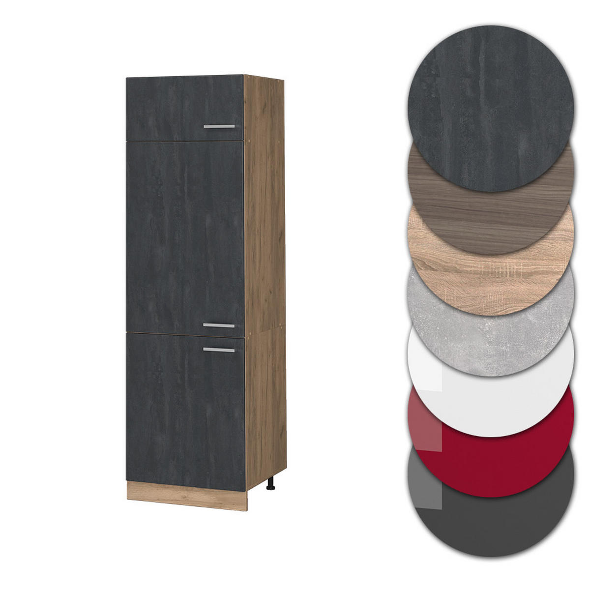 KÜHLUMBAUSCHRANK R-Line Schwarz Beton 60 cm - Honigeiche/Eiche Wotan, Holzwerkstoff (60/206.8/57.2cm) - Vicco