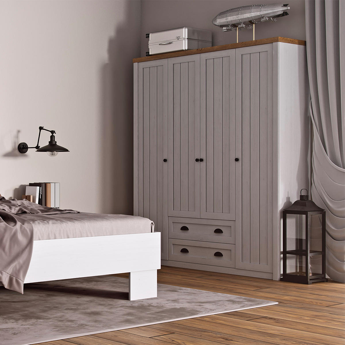 SCHRANK 4 Türen Léandre Weiß und Holz - Weiß, Holzwerkstoff (170.7/198.1/53.3cm) - Petits-meubles