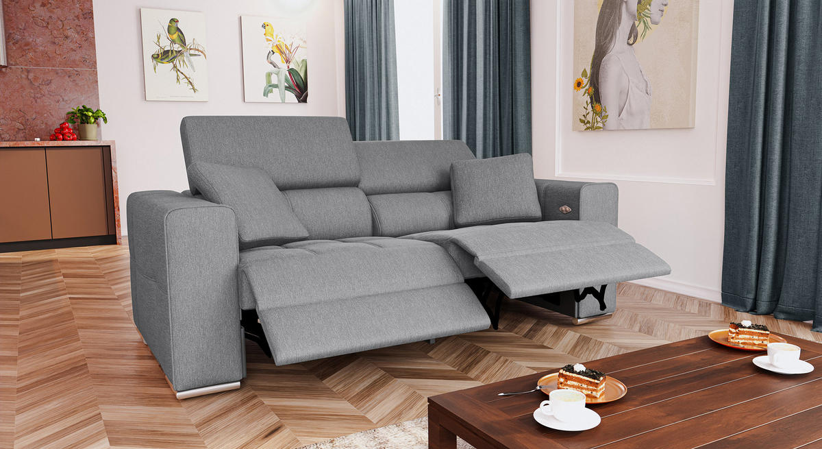 SOFA QUARTZ 3-Sitzer mit 2 Relaxfunktionen, grau - Silberfarben/Grau, Holzwerkstoff/Textil (204/80/102cm) - Courtois Laville