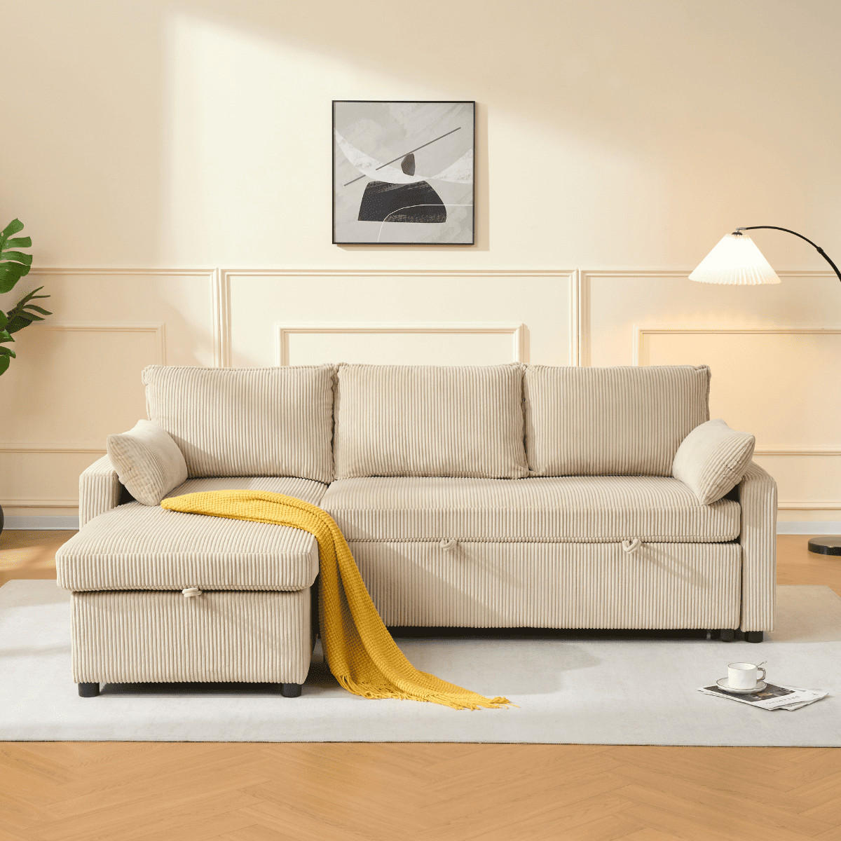 3-SITZER-SCHLAFSOFA in corduroy mit Chaiselongue 219/147/84 cm - Beige, Holz (147/84/66cm) - Calicosy