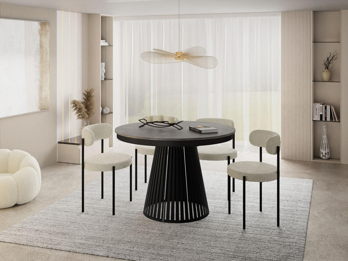 ESSTISCH Naro rund ausziehbar mit Schwarzem Lamellen-Metallgestell, Grauer Beton 120-200/120/76 cm - Hellgrau/Schwarz, Holzwerkstoff/Metall (120/120/76cm) - WFL GROUP