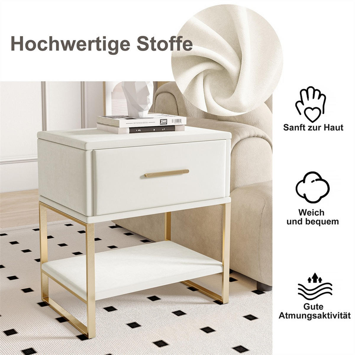 NACHTTISCH mit 1 Schublade & Offenem Fach - Nachtkommode Samtbezug & goldenes Metallgestell - 2er Set - Beige - Weiß, Textil (40/50/31cm) - DELFA