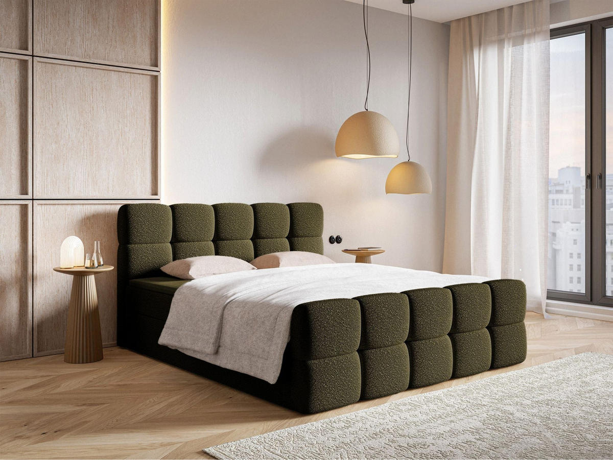 BOXBETT Cloudy Olivgrün mit Bouclé-Bezug 140x200 cm - Schwarz/Olivgrün, Holz/Textil (140/200cm) - Selsey