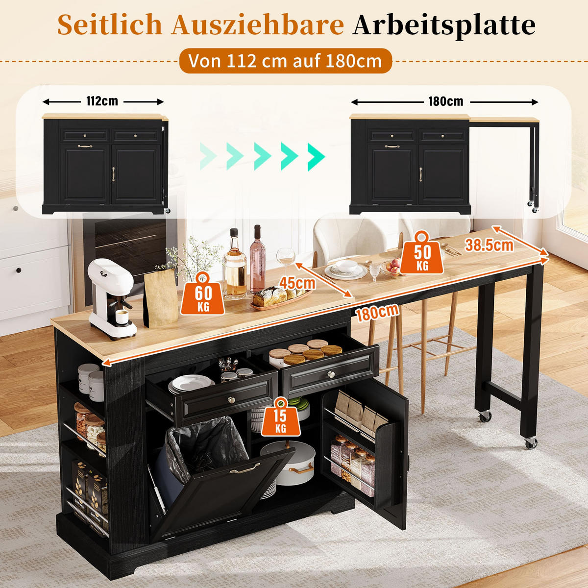 KÜCHENINSEL 112-180/45.2/92 cm Schwarz mit 2 Schubladen, Abfallbehälterfach und Rollen - Schwarz, Holz (45/92/116cm) - Oxeza