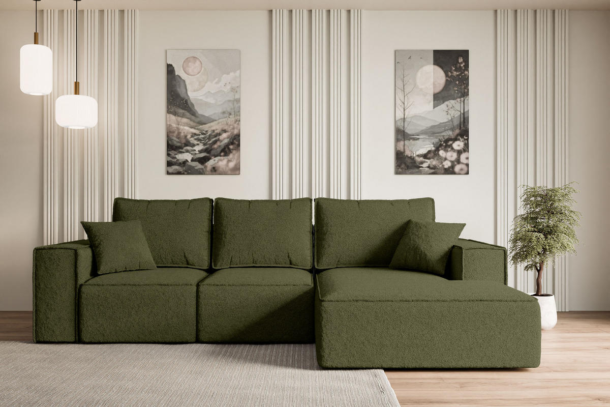 ECKSOFA mit Schlaffunktion und Bettkasten SERRA-L-S - 266x161x87 cm Grün Bouclé - Schwarz/Grün, Holzwerkstoff/Kunststoff (266/161cm) - ALTDECOR