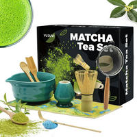 MATCHA Tee Set 9-teiliges Set mit Schale und Besen - Türkis, Keramik (14/7/14cm)