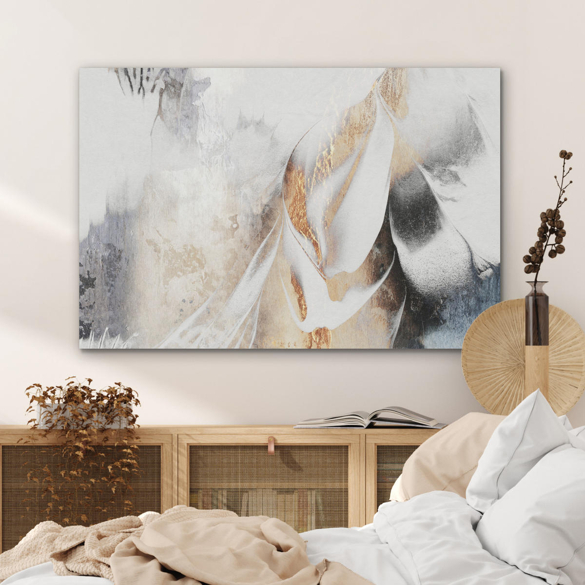 AKUSTIKBILD Luxus - Abstrakt - Gold - Weiß Akustikpaneele 90x60 cm - Goldfarben, Kunststoff (90/60/0.9cm) - MuchoWow