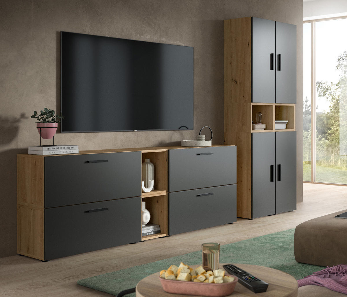 WOHNWAND grau, Eiche Artisan 256 x 178 cm, Schrankwand mit Soft-Close - Schwarz/Eiche Artisan, Holzwerkstoff/Kunststoff (256/151/34cm) - Inn.Furn