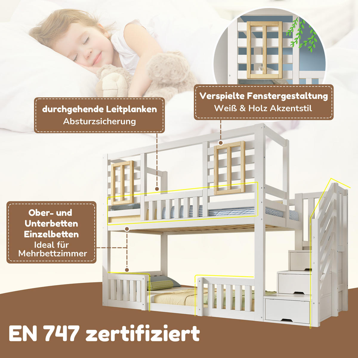 ETAGENBETT 90/200 cm Weiß mit Holzfenstern und Treppenschrank - Weiß, Holz (90/200cm) - Oxeza