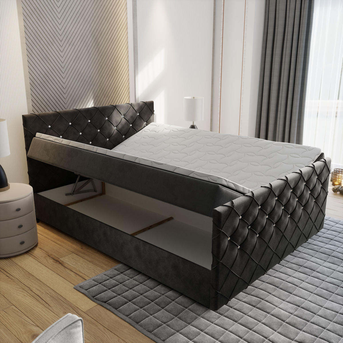 BOXBETT MANDI 180x200 cm mit Matratze und Topper - Blau - Blau, Holz (180/200cm) - MASSENO