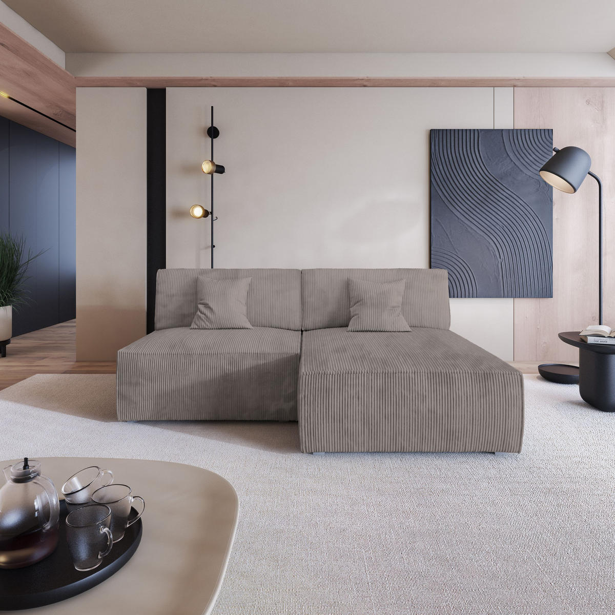 ROHOVÁ SEDAČKA FIORO béžová - šedá/béžová, dřevo/textil (204/148cm) - MASSENO