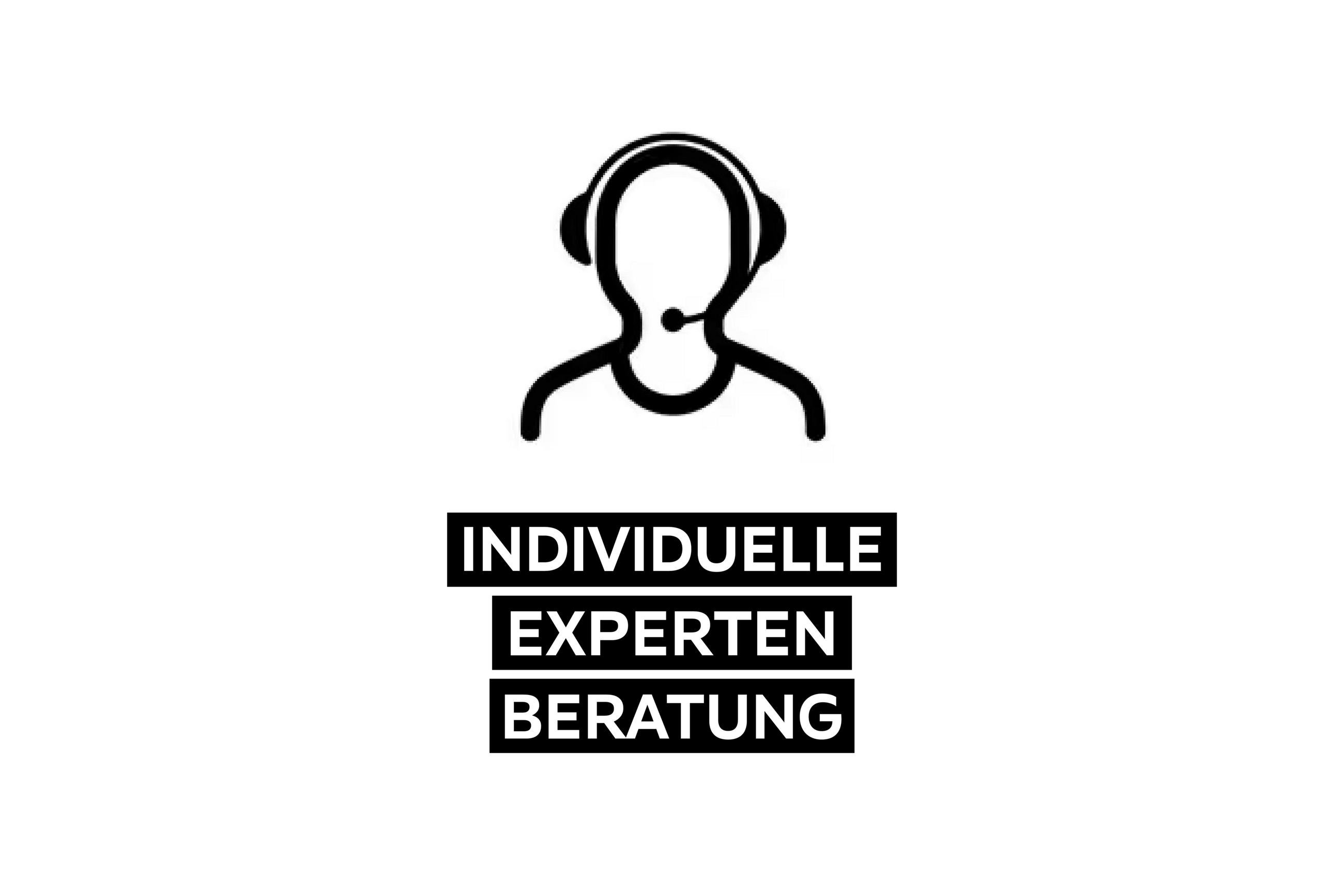 Schwarz-weiße Piktogramm einer Person mit Headset über dem Text INDIVIDUELLE EXPERTEN BERATUNG.