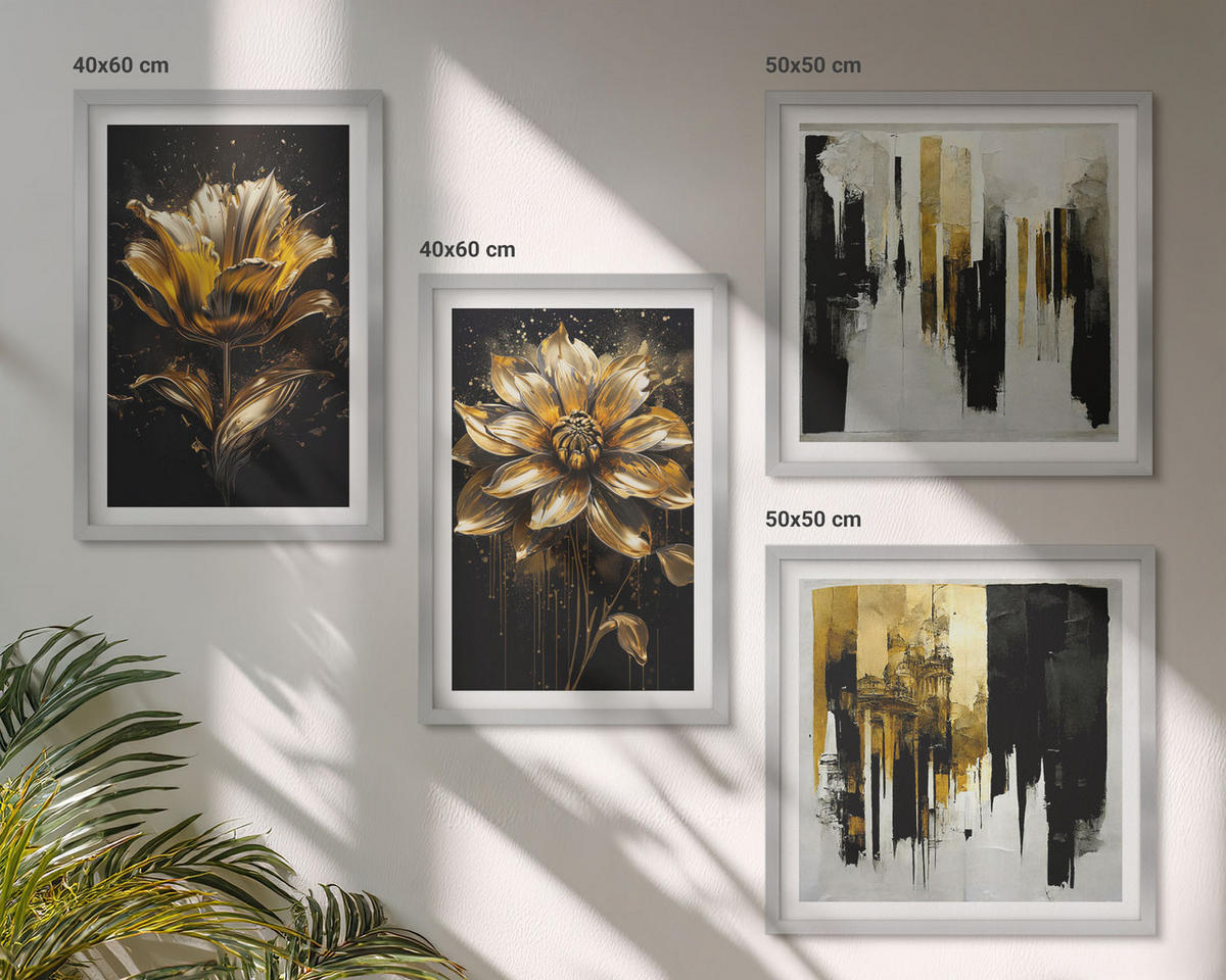 BILDER SET 4er Set - 50x50 cm & 40x60 cm Silberner Rahmen - Stilvolle moderne Blumen - Silberfarben, Kunststoff (50/50cm) - TULUP