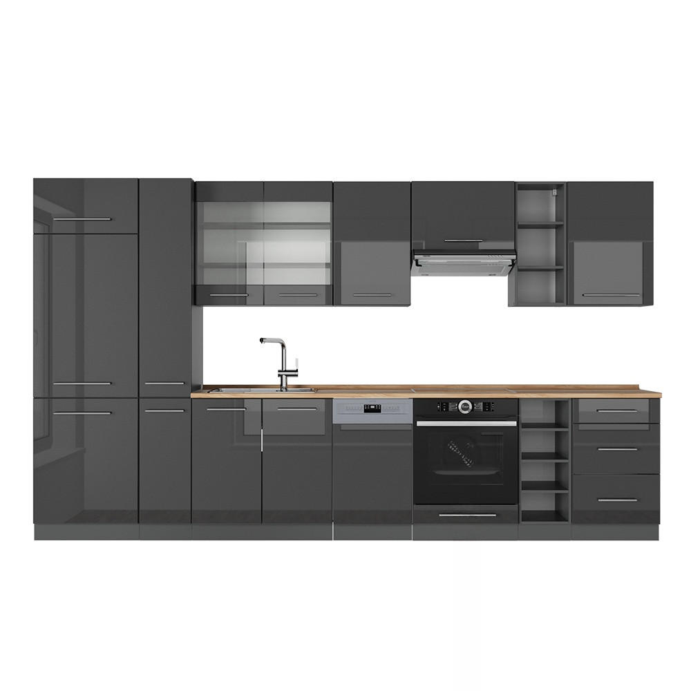 KUHINJA Fame-Line Antracit z visokim sijajem 355 cm , DP Hrast - črna/visok sijaj, leseni material (355/81.6/60cm) - Vicco