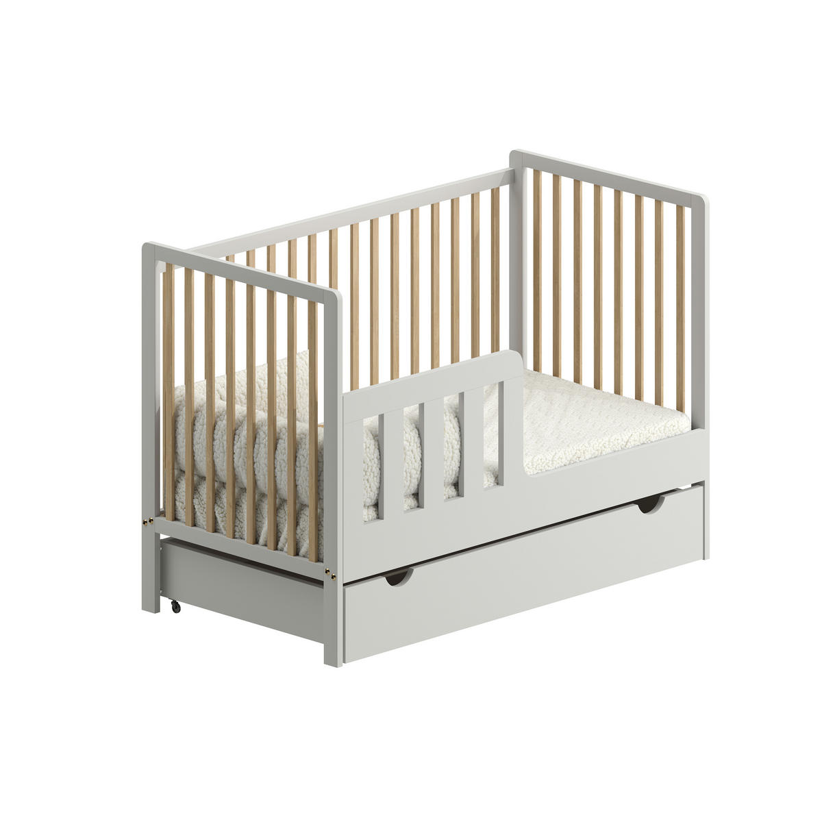 BABYBETT Skäli mit Matratze und Schublade - Weiß/Naturfarben, Holz - kiki design