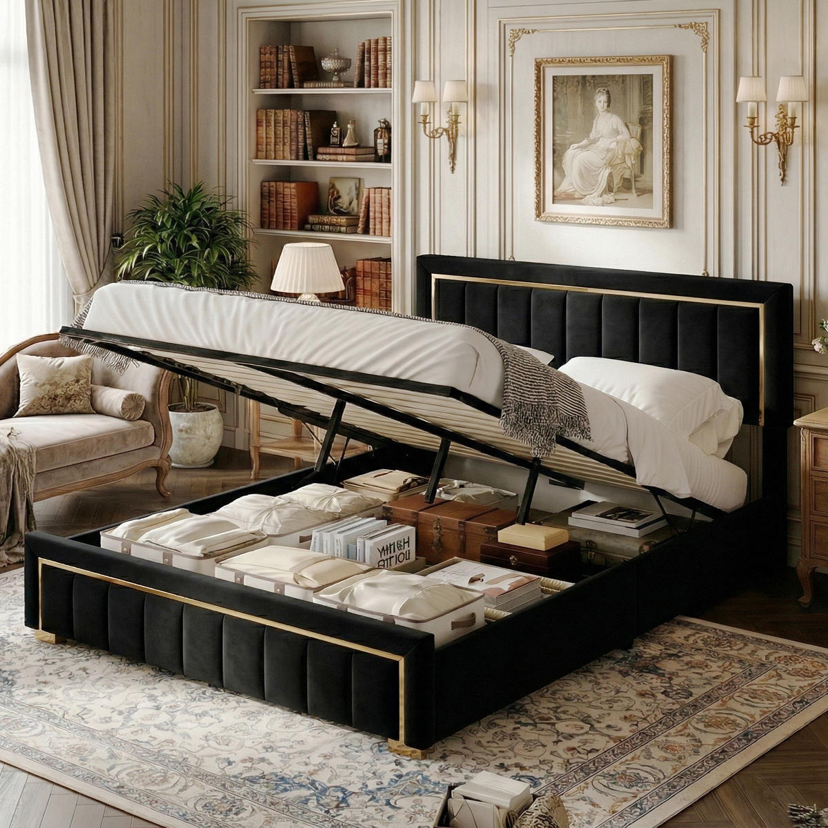 POLSTERBETT Eleganz 160/200 cm mit Bettkasten & Edelstahlrahmen Samtoptik Schwarz - Schwarz, Textil (160/200cm) - Creahappy