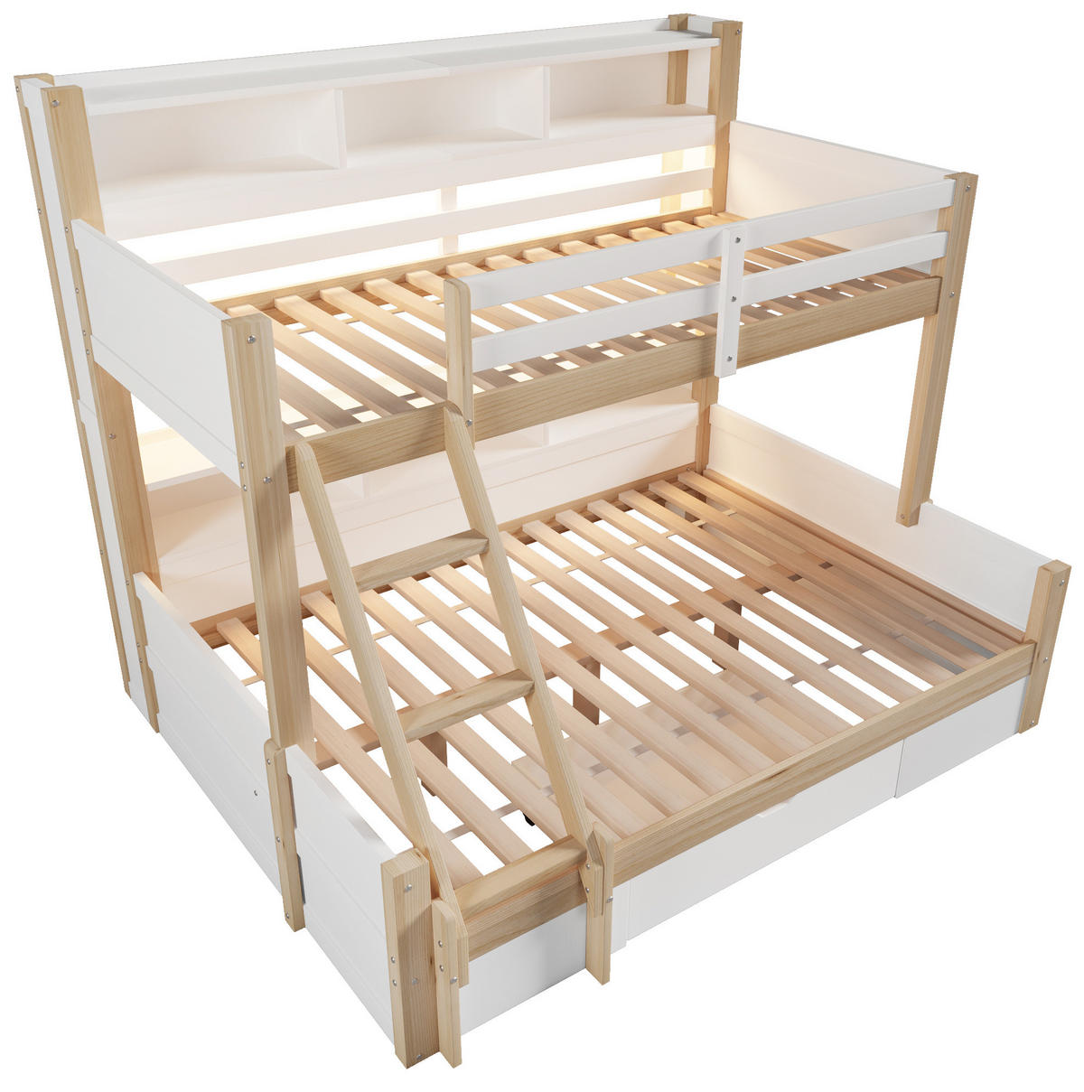ETAGENBETT 90/200 & 140/200 cm aus Kiefernholz mit LED-Beleuchtung und Stauraum Weiß/Natur - Weiß, Holz (90/200cm) - Modenvie
