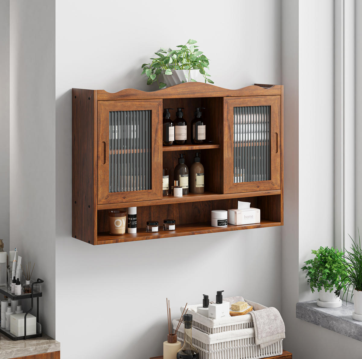KÜCHENOBERSCHRANK 90/20/60 cm mit 2 Schiebetüren und herausnehmbaren Böden aus Massivholz und Glas, Braun - Braun, Holz (90/60/20cm) - Redom