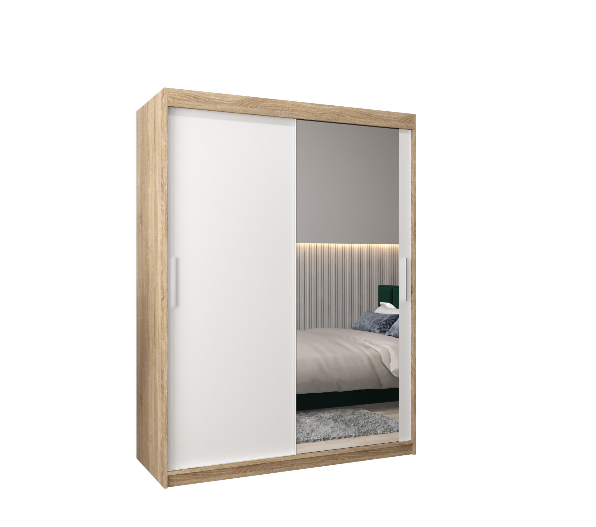 SCHWEBETÜRENSCHRANK 200/150/62 2-türig - Silberfarben/Weiß, Holz/Kunststoff (150/200/62cm) - Abiks Möbel
