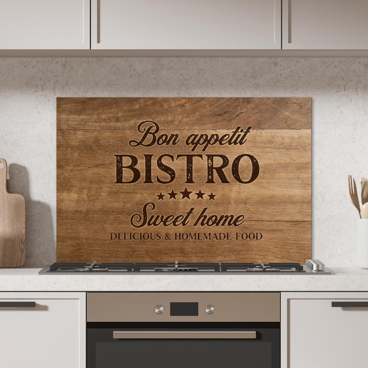 SPRITZSCHUTZ KÜCHE Zitat - Bistro - Guten Appetit - Süßes Zuhause - Holzmaserung 90x60 cm - Braun, Metall (90/0.3/60cm) - MuchoWow