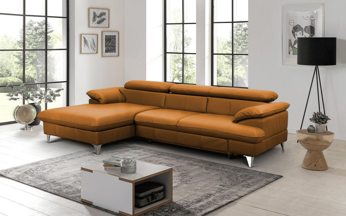 ECKSOFA mit Schlaffunktion und Bettkasten, Echtleder - Chromfarben/Orange, Leder/Holz (254/167cm) - Cotta