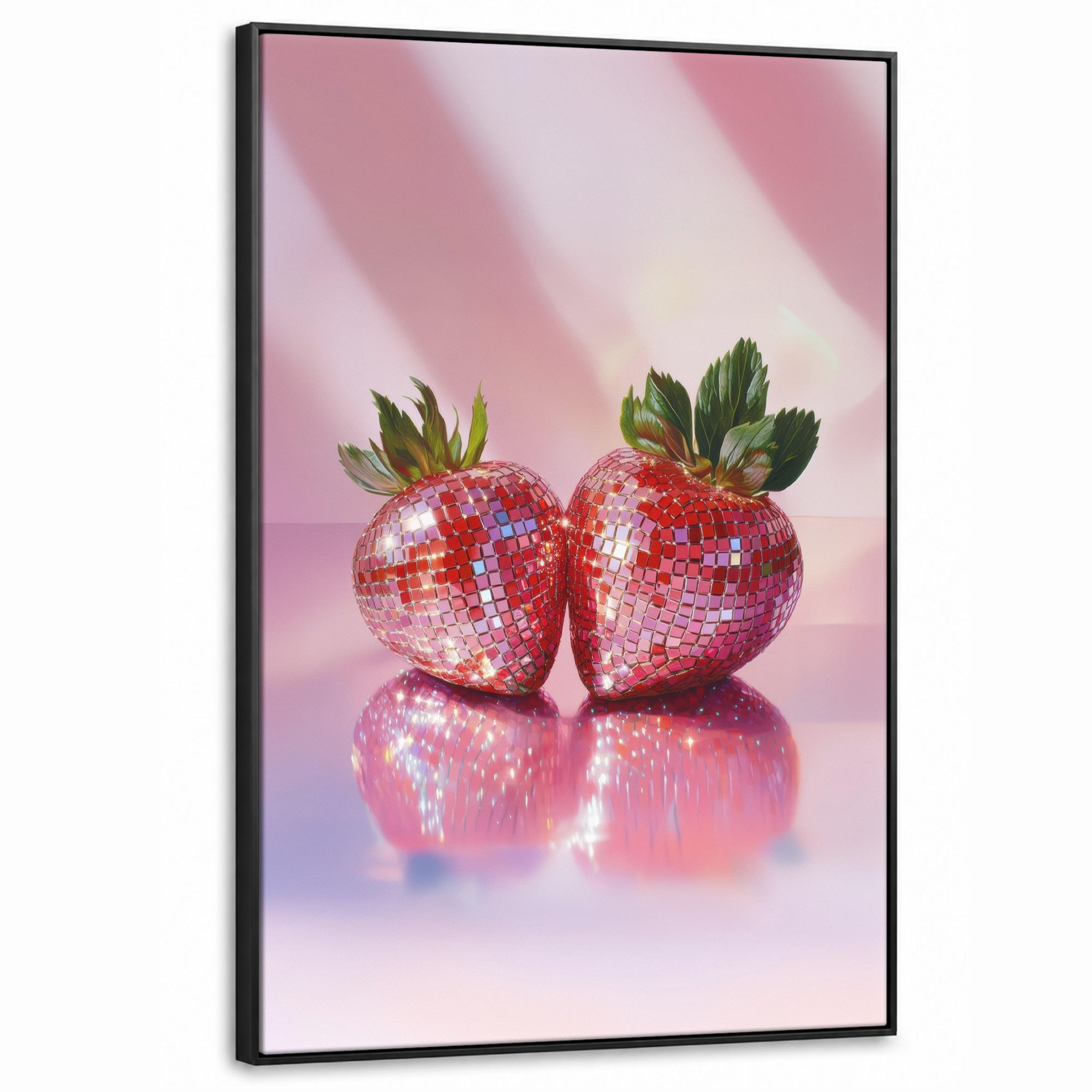 LEINWAND Bilder mit Rahmen - Disco - Obst - Glitzer - Erdbeere - 90x140 - Pink, Textil (90/140cm) - MuchoWow