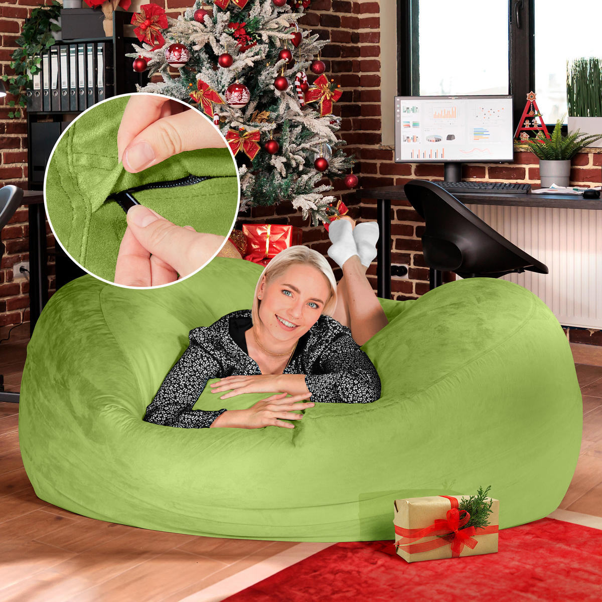 RIESEN-SITZSACK XXL JUMBO Velours 5ft - Grün, Textil (150/120/150cm) - Green Bean