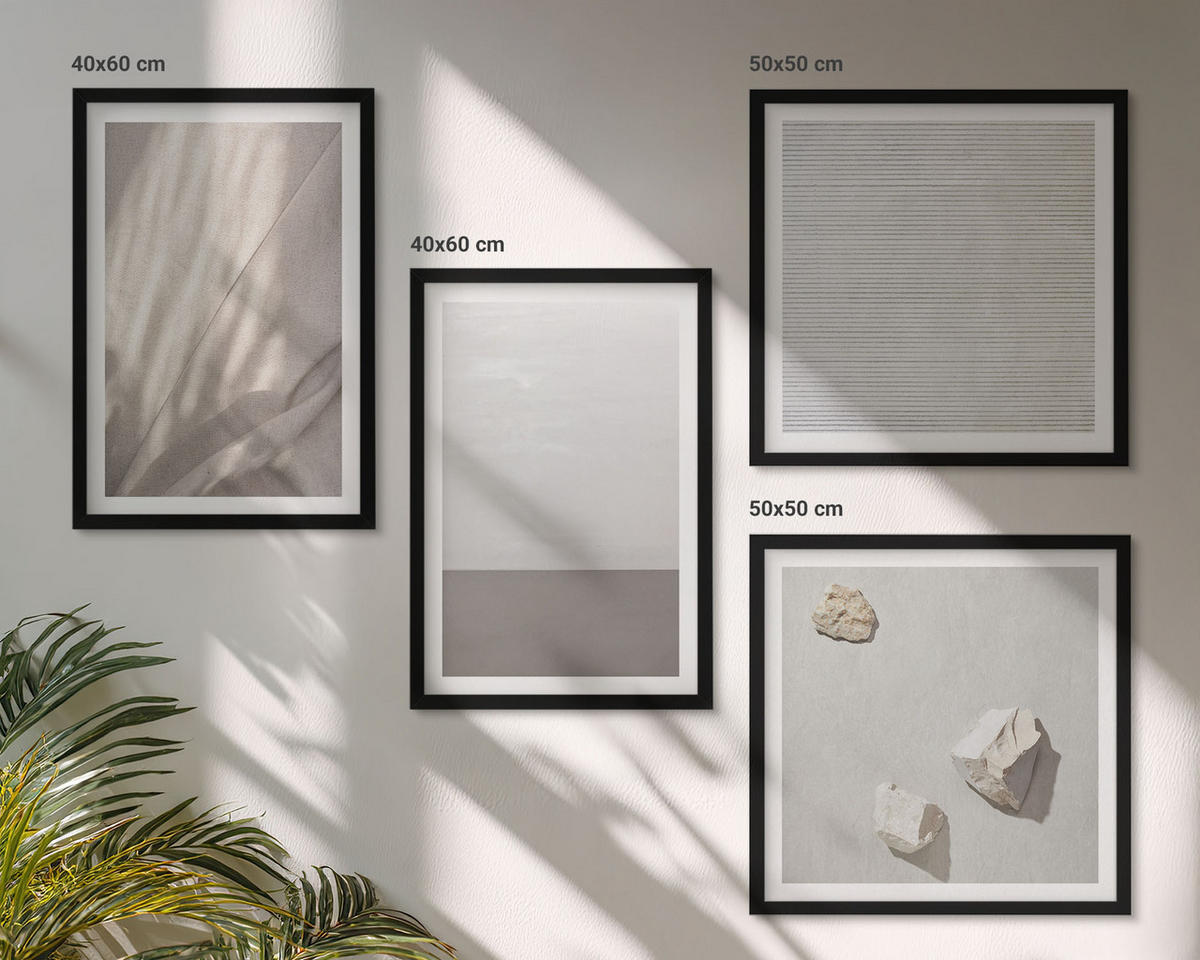 WANDBILDER 4er-Set - 50x50 cm & 40x60 cm Schwarzer Rahmen - Zarte Boho-Texturen der Natur - Schwarz, Kunststoff (50/50cm) - ArtPrintCave