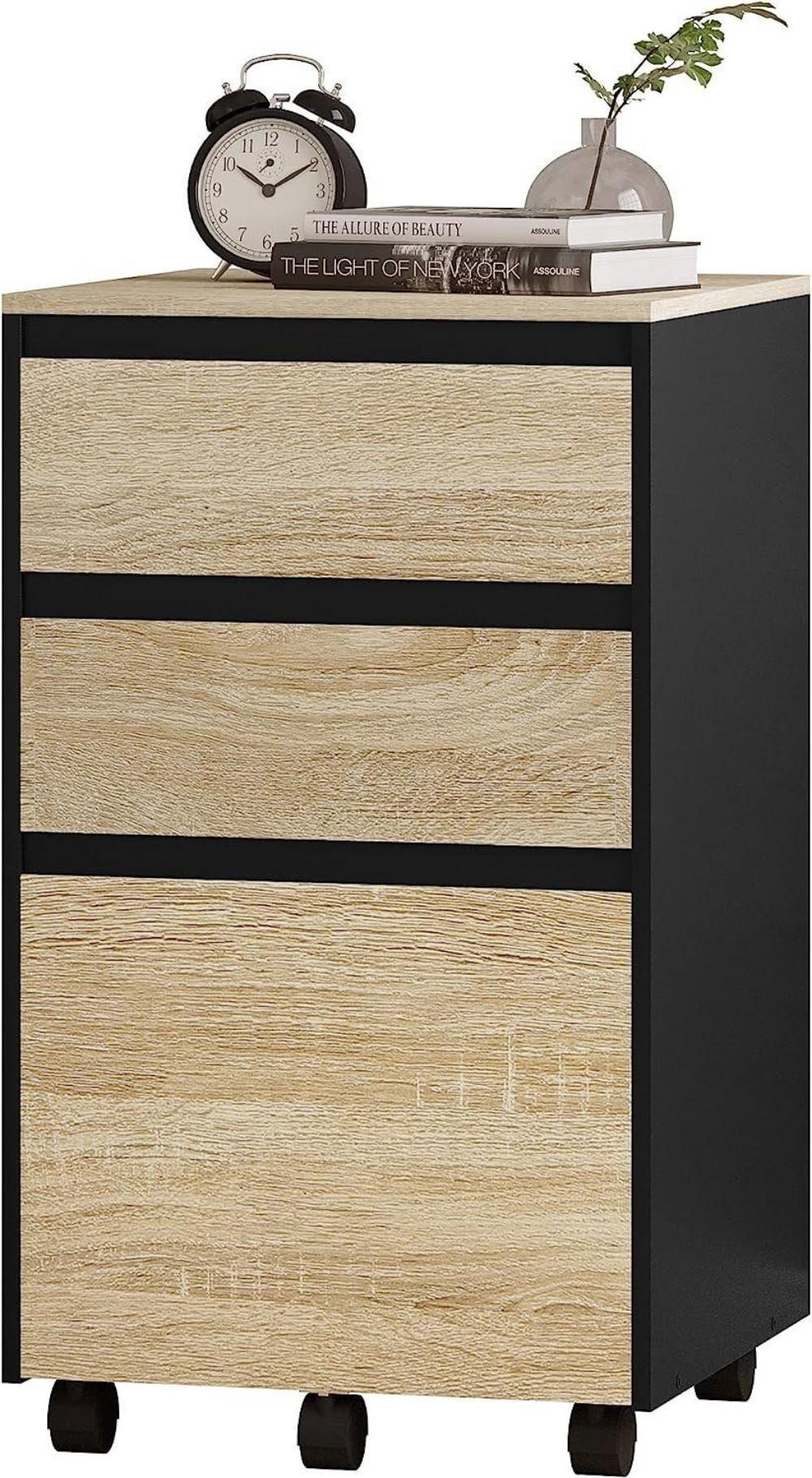 ROLLCONTAINER, Aktenschrank, 40x70x40 cm, Helle Eiche + Schwarz - Eichefarben, Holzwerkstoff (40/70/40cm) - Woltu