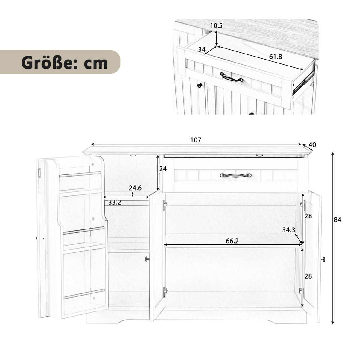 SIDEBOARD aus MDF 107x40x83 cm Schwarz mit 3 Türen, 1 Schublade und verstellbaren Einlegeböden - Schwarz, Holzwerkstoff (107/83.4/40cm) - Modfu