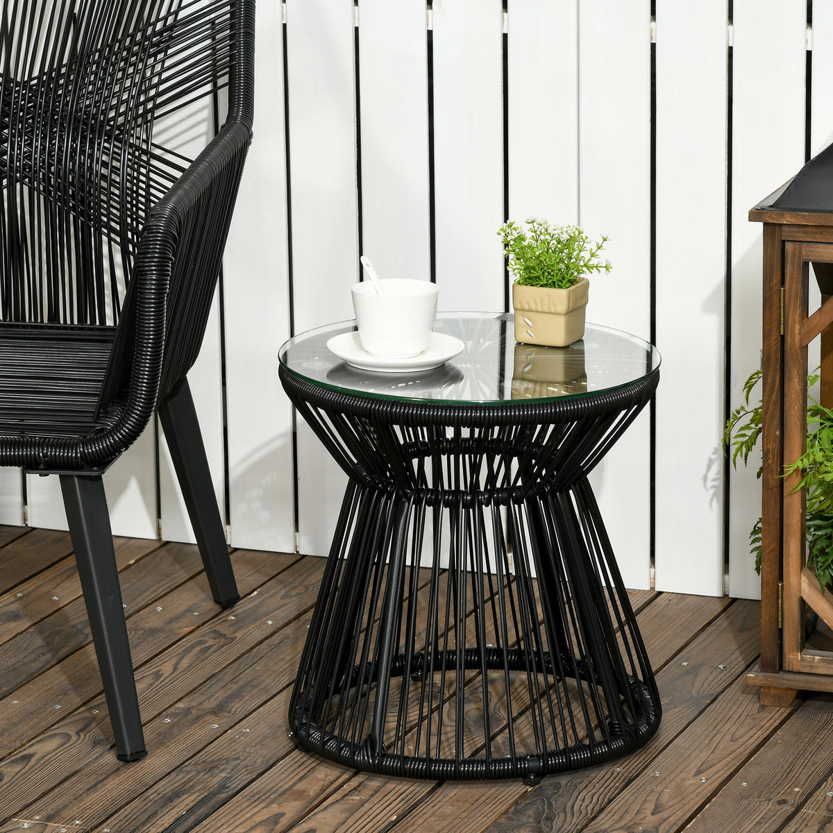 BALKONTISCH, Schwarz, Eisen, PE-Rattan, Glas - Schwarz, Kunststoff (40/40/42cm) - Outsunny