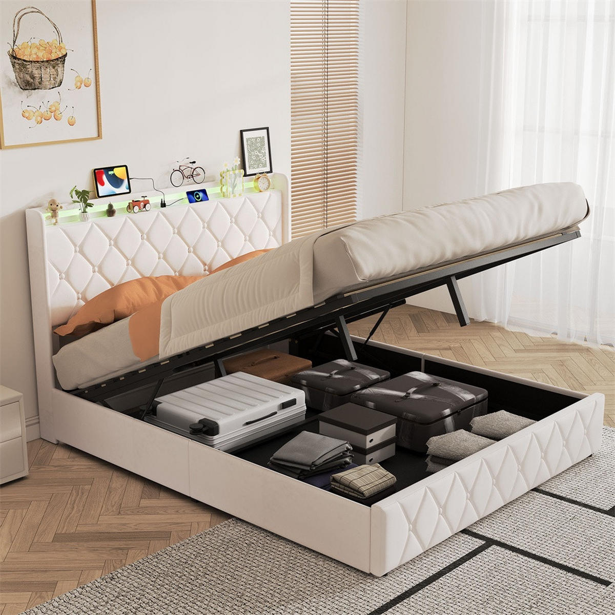 POLSTERBETT 140x200 cm mit hydraulischem Stauraum - Kopfteil Regal & LED - USB - ohne Matratze - Beige - Beige, Textil (140/200cm) - DELFA
