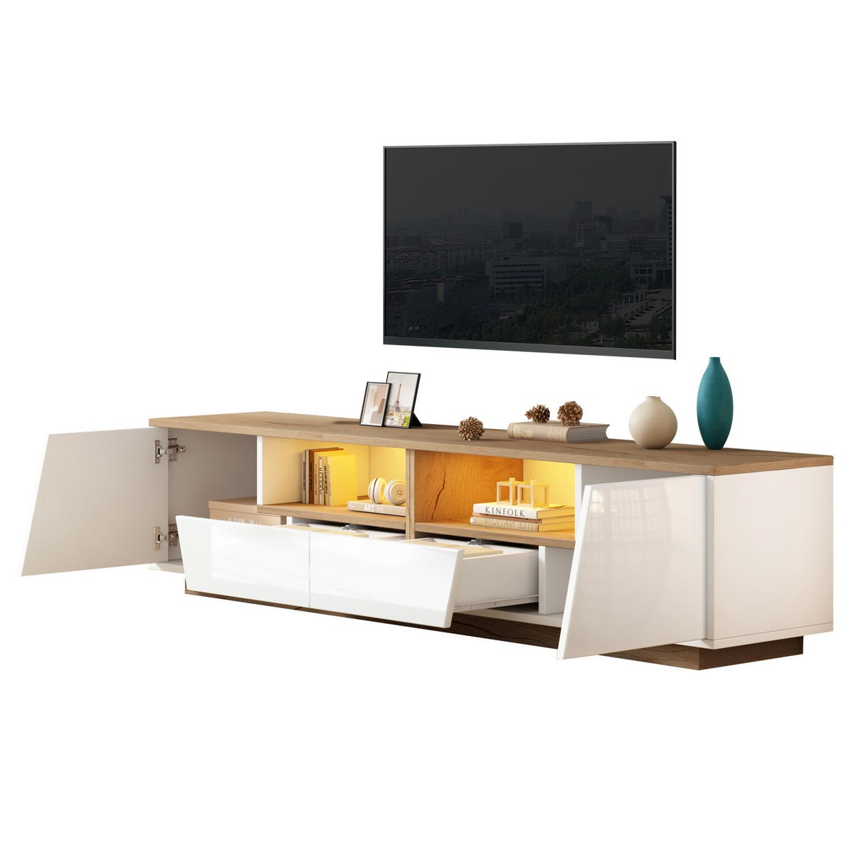TV-LOWBOARD 180/40/46 cm mit 2 Schubladen, 2 Türen, LED-Beleuchtung und Hochglanzfront aus Spanplatte, Weiß/Naturholz - Weiß, Holzwerkstoff (180/46/40cm) - Redom