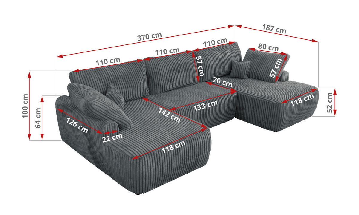 WOHNLANDSCHAFT CUBO U Dunkelgrau Cord - Dunkelgrau/Schwarz, Kunststoff/Textil (370/100/187cm) - MKS
