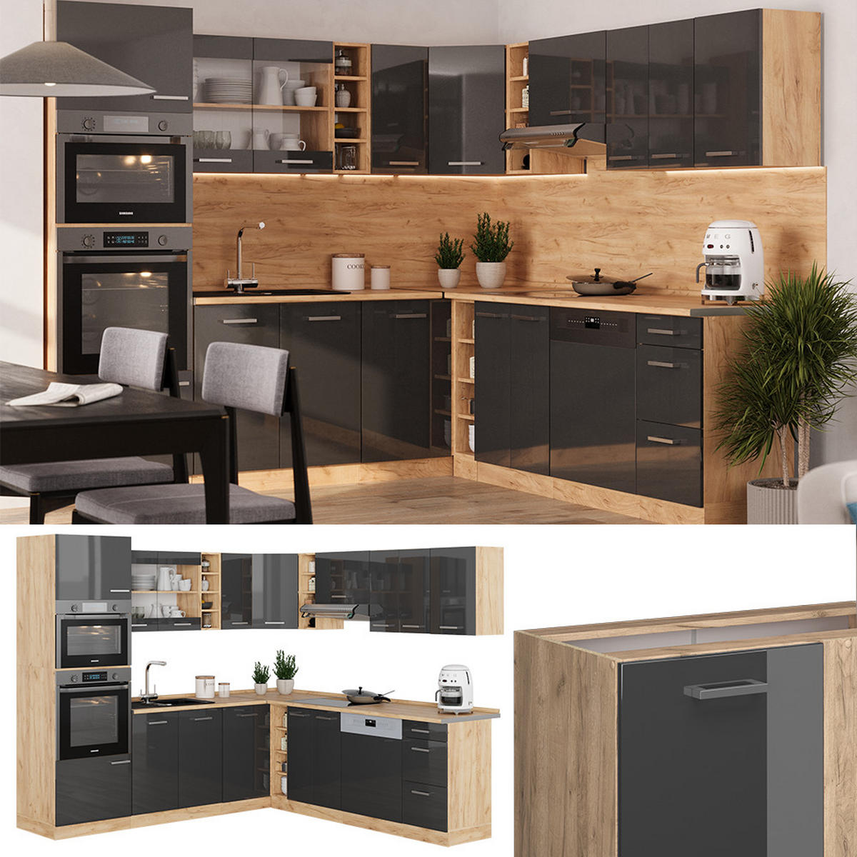 ECKKÜCHE R-Line Anthrazit Hochglanz/Goldkraft Eiche 237 x 60 cm ohne AP - Honigeiche/Anthrazit, Holzwerkstoff (247/81.6/46cm) - Vicco