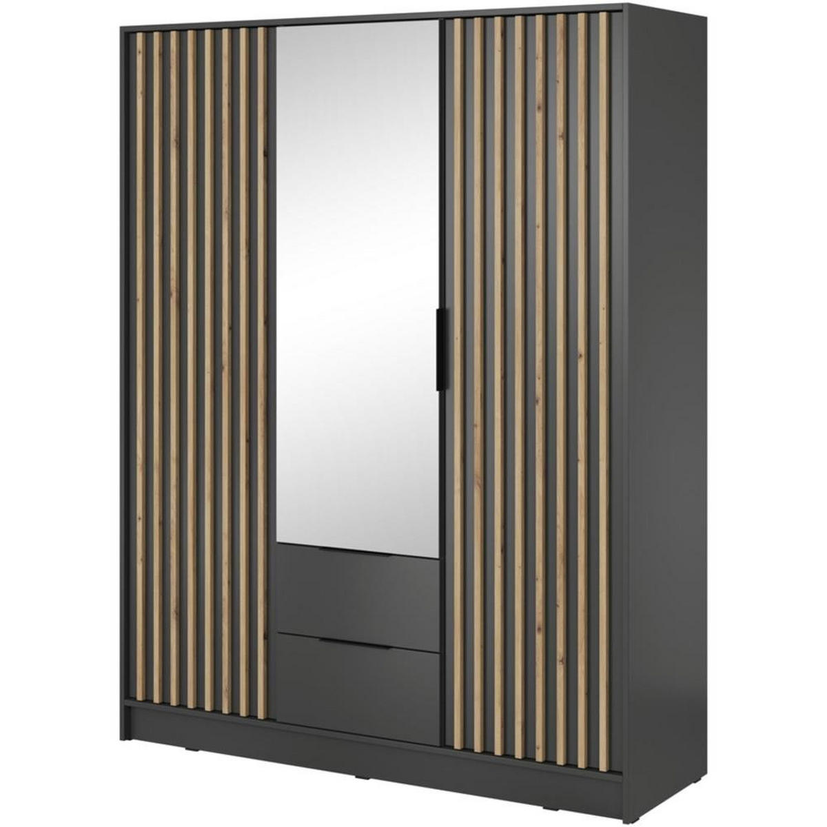 DREHTÜRENSCHRANK Kelly 155/200/51 3-türig graphit mit Spiegel - Graphitfarben/Schwarz, Holzwerkstoff/Kunststoff (155/200/51cm) - Beautysofa